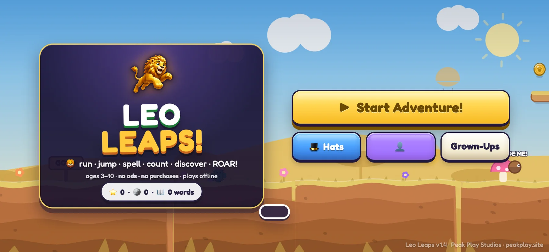 Leo Leap title screen with the Peak Play Studios identity