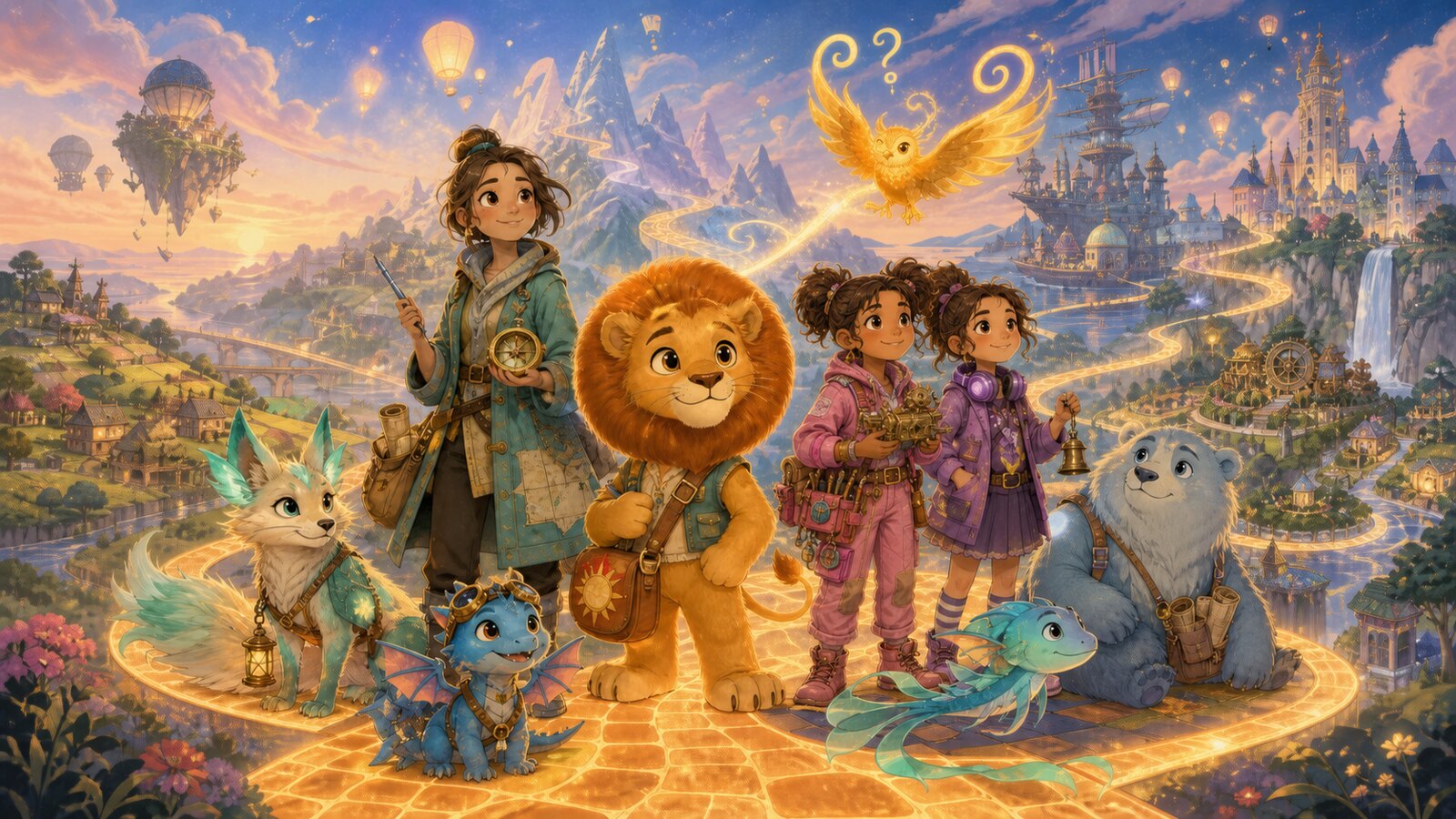 Adventurers and fantastical creatures overlooking a luminous world